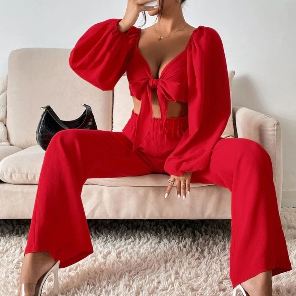 Coord Set Red Lantern long Sleeve Tie Front Crop Top & Wide Leg Pants - Picture 1 of 8